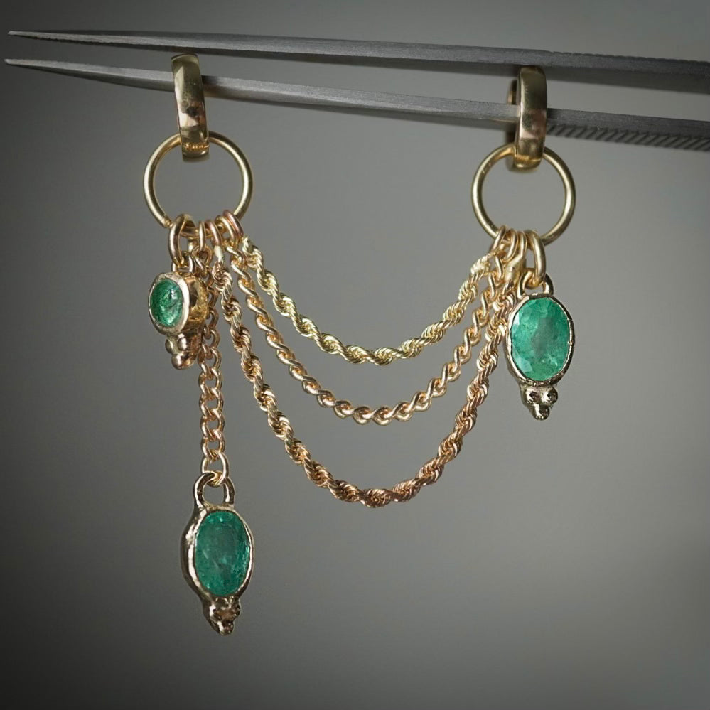 Milena Colombian Emerald Chained Hoops - 14k yellow gold